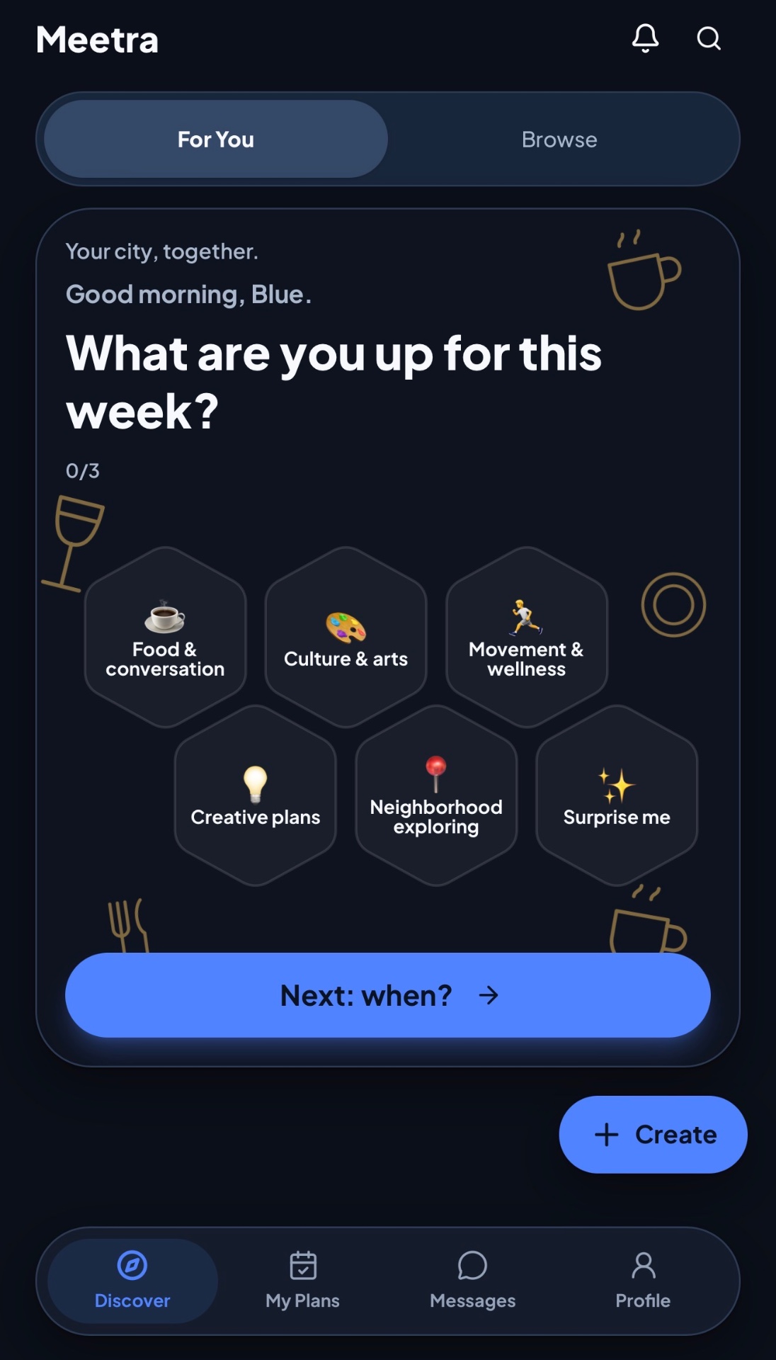 Meetra Discover screen asking “What are you up for this week?” with six activity categories