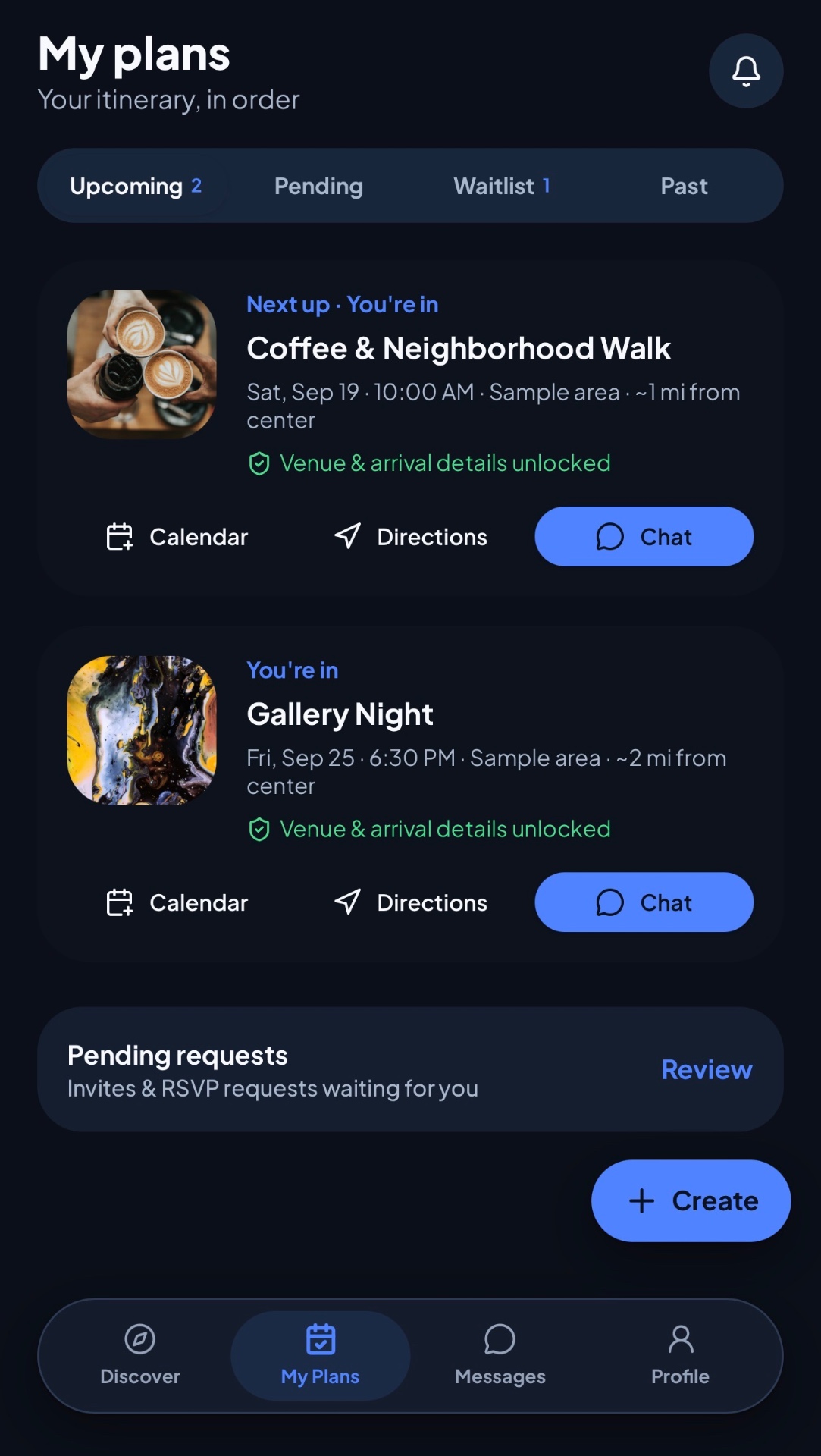 Meetra My plans screen with two upcoming sample plans