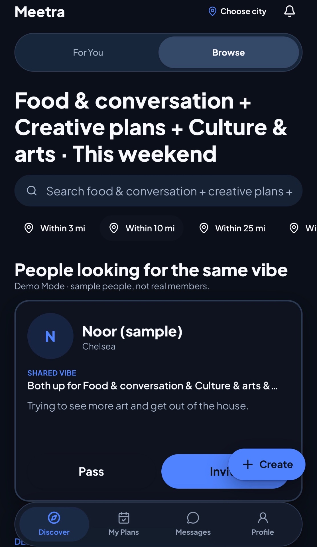 Meetra Browse results showing sample person Noor with Pass and Invite actions